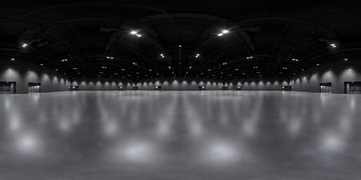 Empty dark exhibition hall 360 degree equirectangular HDRI panorama with polished concrete floor, ceiling spotlights and illuminated walls, spherical environment map for 3D rendering