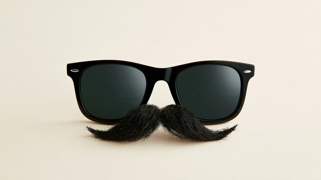 Lunettes de soleil noires associ&eacute;es &agrave; une fausse moustache sur fond beige