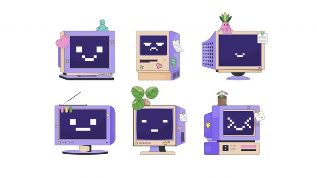 Cute retro computers with pixel faces and vintage monitors 2D cartoon animation pack. Nostalgic kawaii desktop technology animated flat colorful objects 4K video collection on transparent background