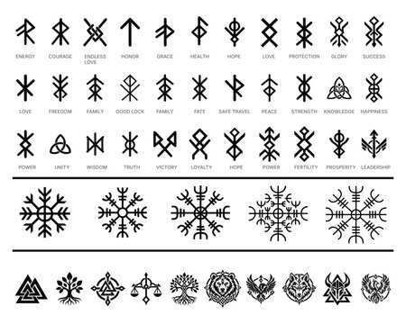 Black Viking Rune Symbols, Norse Knots and Snowflake Ornament Icon Collection Isolated on White Background