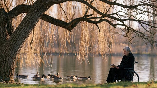 Femme &acirc;g&eacute;e en fauteuil roulant lisant un livre au bord d'un lac paisible