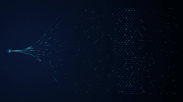 Seamless 4K loop of a centralized AI deep learning concept. A single powerful data source routes through a dense fiber optic bundle, expanding into a staggered hexagonal dot matrix. Dark blue backgrou