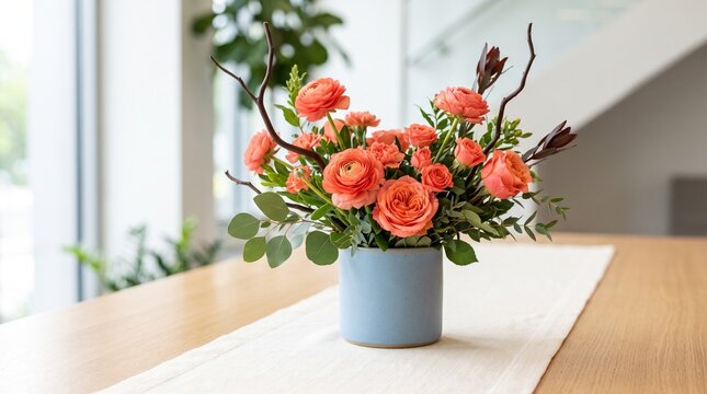 Elegant Coral Floral Arrangement in Light Blue Vase on Wooden Table in Bright Modern Room