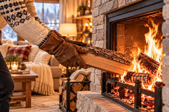 Hands Adding Firewood to a Modern Stone Fireplace in a Cozy Winter Home