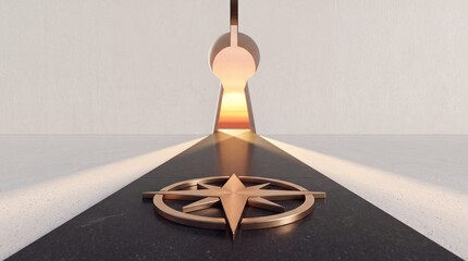 Fototapeta premium Conceptual 3D illustration of a bronze compass star on a dark path leading toward a keyhole portal opening to a bright sunrise, symbolizing business growth, strategic premium access, and success.