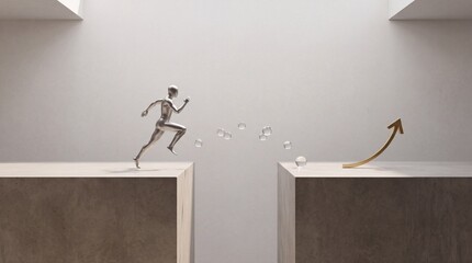 Fototapeta premium Abstract metallic figure leaping over a gap towards a golden upward arrow symbolizing business growth, premium commercial upgrade, overcoming obstacles, and achieving success in a minimalist space.