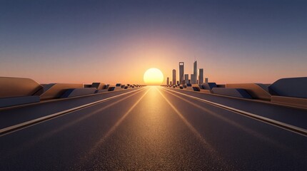 Fototapeta premium Straight asphalt highway road leading towards a bright glowing sun on the horizon with a modern city skyline at sunset, conceptualizing future vision, career success, and long term business growth.