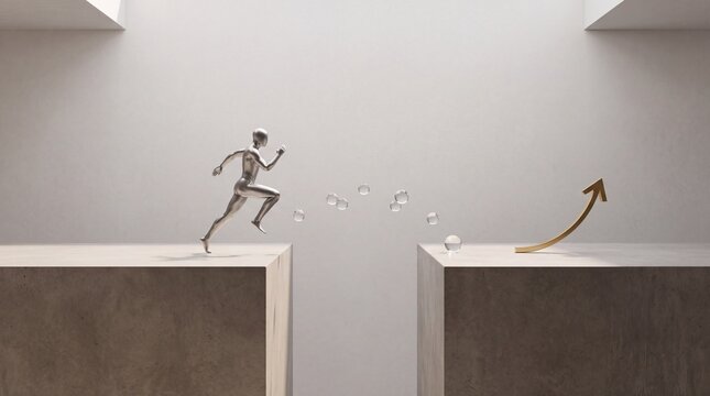 Abstract metallic figure leaping over a gap towards a golden upward arrow symbolizing business growth, premium commercial upgrade, overcoming obstacles, and achieving success in a minimalist space.