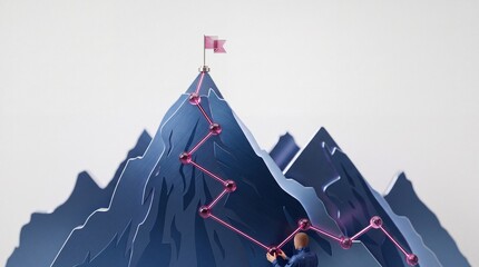Fototapeta premium Business Success Concept Representing Goal Achievement with a Stylized Character Planning a Strategic Path Towards the Mountain Peak and a Flag of Victory for Professional Growth and Ambition