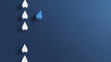 Fototapeta premium Blue Paper Plane Changing Direction From White Ones on Dark Blue Background, Representing Leadership, Innovation, Business Success, Uniqueness, and Thinking Outside the Box Concept