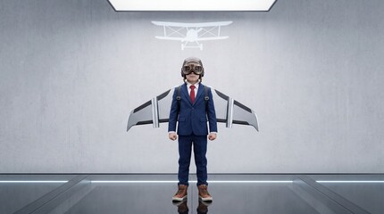 Fototapeta premium Ambitious young boy in a professional business suit wearing an aviator helmet and jetpack wings standing in a modern hall, symbolizing future leadership, career growth, and startup innovation.