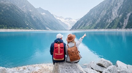 Fototapeta premium Couple of travelers with backpacks sitting on rocks and enjoying the breathtaking view of a turquoise alpine lake and snowy mountain peaks during a summer hiking trip in the Alps.