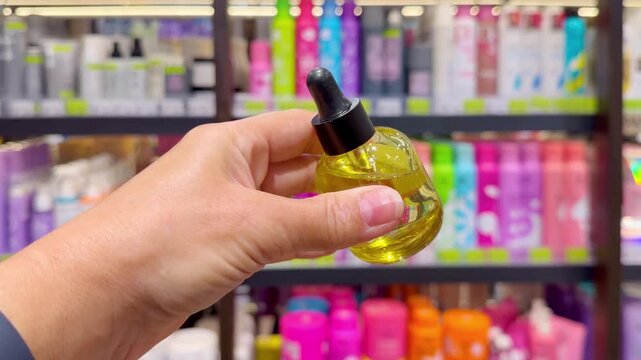 Hand Holding Hair Care Product in Front of Shelves in Cosmetics Store &ndash; Choosing Hair Treatment in Beauty Shop