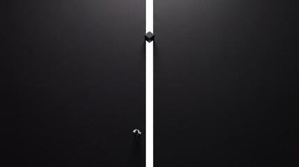 Fototapeta premium Minimalist overhead top down view of a tiny human figure walking along a bright vertical light path between dark surfaces towards a mysterious floating black cube in a surreal abstract space