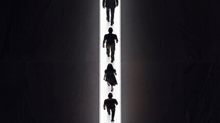 Fototapeta premium Top down overhead view of diverse people walking in a single file line along a bright glowing path in a dark minimalist space, representing direction, progress, and conceptual leadership.