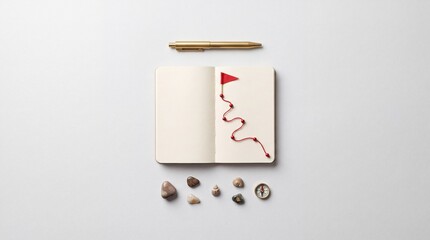 Fototapeta premium Top View of Open Notebook with Red String Path Leading to a Red Flag for Goal Setting, Journey Planning, and Success with Pen, Compass, and Natural Elements on a Minimalist Clean Background