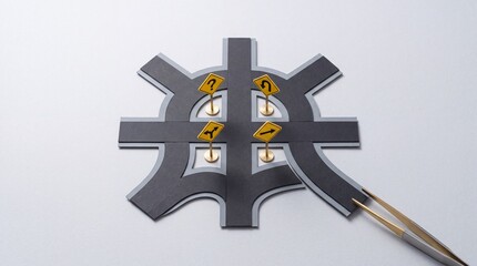 Fototapeta premium Top-down view of a conceptual paper road intersection model with tweezers adjusting a path and yellow traffic signs, symbolizing urban planning, strategic decision making and navigation