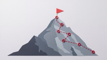 Fototapeta premium Conceptual top down overhead view of a paper craft mountain peak with a red flag and a dashed path representing a journey to success, business goals, strategic planning, and achievement.