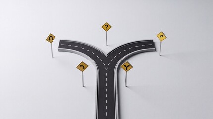 Fototapeta premium Conceptual representation of business decision making and choosing a direction with a fork in the road and various confusing traffic signs including a question mark on a clean white background.