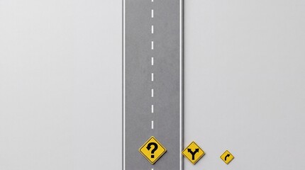Fototapeta premium Top down view of a straight asphalt road with yellow caution signs featuring a question mark and directional arrows representing decision making and choosing the right path for future success.