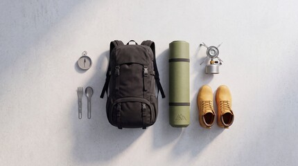 Fototapeta premium Overhead view flat lay of essential outdoor hiking and camping equipment including a black backpack, green sleeping mat, yellow leather boots, portable stove, compass, and utensils on gray background.