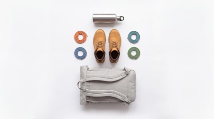 Fototapeta premium Overhead flat lay of travel and adventure essentials featuring leather hiking boots, grey roll-top backpack, stainless steel water bottle, and colorful climbing ropes on a white background.