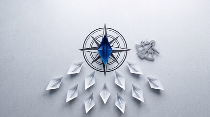 Fototapeta premium Top down overhead view of a blue origami paper boat leading a fleet of white boats on a compass rose with a sextant, representing leadership, strategic direction, and business navigation.