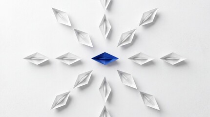 Fototapeta premium Overhead view of a single blue paper boat in the center surrounded by multiple white origami boats in a radial pattern, representing leadership, uniqueness, and standing out from the crowd.