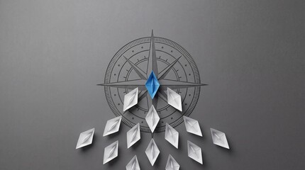 Fototapeta premium Top view of a blue origami paper boat leading white boats towards a compass symbol on a gray background, representing leadership, business strategy, navigation, and professional guidance.