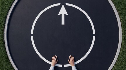 Fototapeta premium Top Down View of Human Hands at the Edge of a White Circle with an Arrow Pointing Forward on Asphalt Surface, Concept of Direction, Goal Setting, New Path, and Future Progress for Business