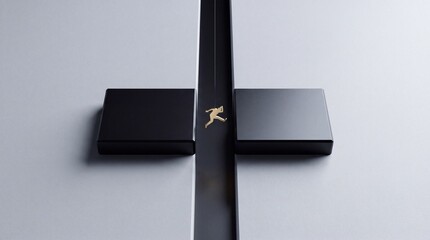 Fototapeta premium High angle top view of a gold miniature business person leaping across a gap between two black platforms, symbolizing courage, career growth, and overcoming obstacles in a corporate world.