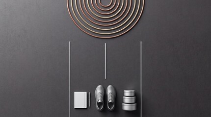 Fototapeta premium Minimalist Top Down View of Modern Essentials Including Silver Sneakers White Notebook Pen and Stacked Metal Tins Arranged Neatly with Golden Concentric Circles on a Dark Textured Background