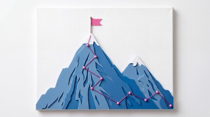 Fototapeta premium Conceptual Top Down View of Mountain Peaks with a Path of Pink Pins and a Flag Representing Business Success, Achieving Goals, Milestones, and the Strategic Journey to the Top on a White Background