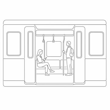 Line drawing of people inside a subway train car