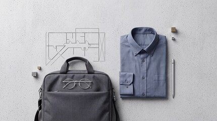 Fototapeta premium Top down overhead view of professional business essentials including a folded blue shirt, briefcase, eyeglasses, and architectural floor plan drawing on a minimalist grey concrete background