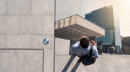 Fototapeta premium Top down view of a professional man with a backpack walking along a grey stone pavement next to a skyscraper reflection in a modern city district during a bright sunny day.