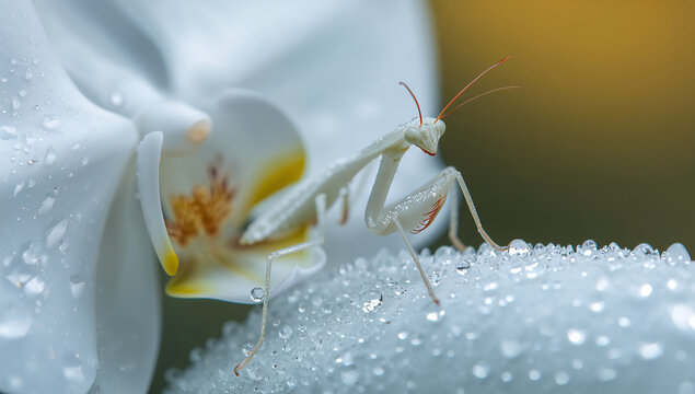 白い花の上にいる白色のカマキリ