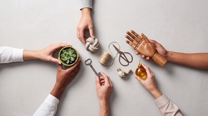 Fototapeta premium Top down overhead view of diverse hands reaching for various symbolic objects like a succulent plant, vintage key, scissors, and wooden hand model on a gray background for unity concept.