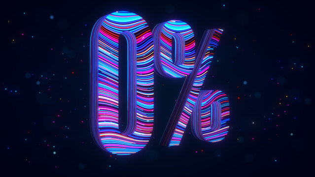 Large futuristic 3D Zero Percent typography in perspective with vibrant blue and purple flowing stripes, glowing particles, and luminous bokeh against a dark digital space background.