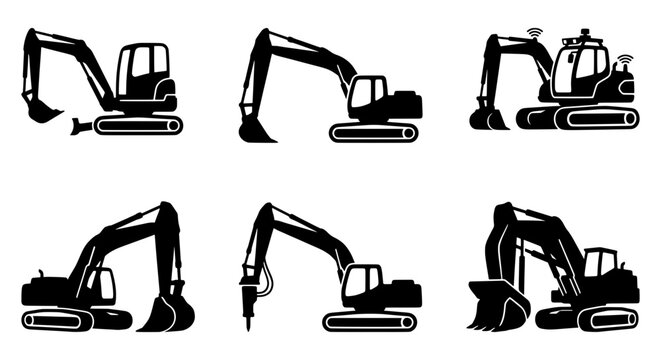Excavator silhouettes set with tracked vehicles, digger, jackhammer and GPS for construction and industry logos
