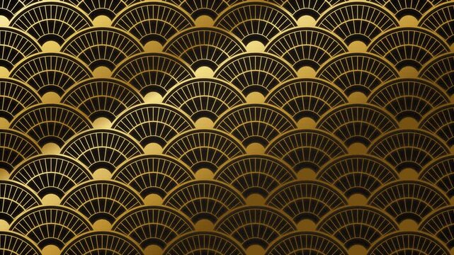 Art deco scalloped fan pattern in gold line work rising across a black background, seamless loop