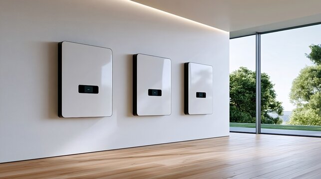 Three sleek wall mounted home battery units in a bright modern living room with wood floors and a large window overlooking trees and water, symbolizing clean, independent energy