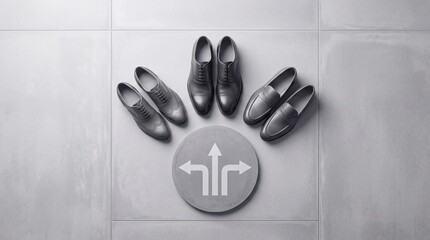 Fototapeta premium Top down view of three pairs of classic men's leather shoes on a grey concrete floor with a circular directional arrow sign representing career choices, decision making, and different life paths.