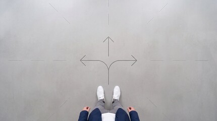 Fototapeta premium Top down overhead view of a businessman standing at a crossroads with three arrows on concrete floor, concept of making a difficult decision, career path choice, and strategic direction.