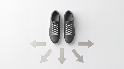 Fototapeta premium High angle overhead view of black casual sneakers surrounded by multiple grey arrows pointing in different directions, representing business strategy, life decisions, and choice of path