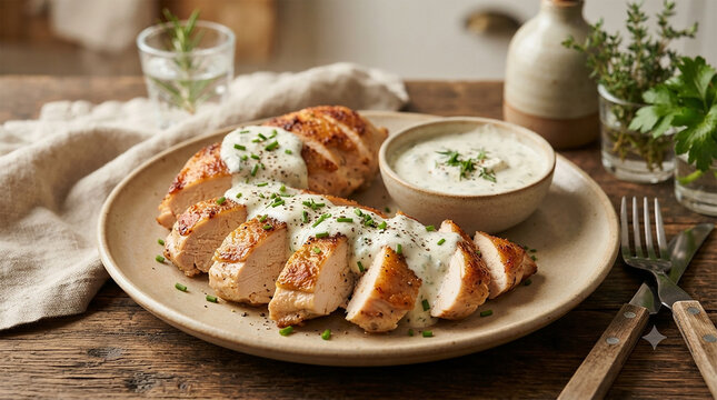 Grilled Chicken Breast Slices Covered In Creamy White Herb Sauce On Plate