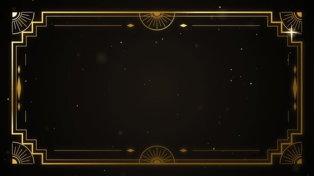 Art deco gold frame with stepped corners and copy space on black, shimmering, seamless loop
