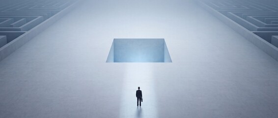 Fototapeta premium Businessman in Suit Facing a Large Square Pit Between Two Mazes, Conceptual Image Representing Financial Risk, Career Obstacles, Decision Making, and Finding Solutions in a Corporate Environment