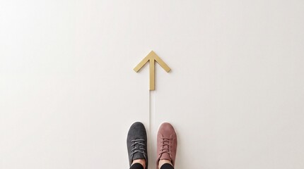 Fototapeta premium High angle view of two people wearing different sneakers standing in front of a gold arrow on white background, representing moving forward, progress, shared goals, and choosing the right path.
