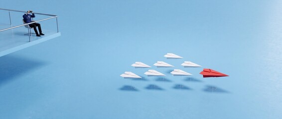 Fototapeta premium Visionary Businessman Using Binoculars to Observe a Red Paper Plane Leading a Fleet of White Ones on a Blue Background, Symbolizing Leadership, Strategic Vision, and Innovation in Business.
